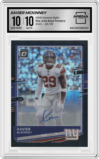 Xavier McKinney from the 2020 Panini Donruss Optic set featuring a Black Pandora parallel graded by Arena Club and given an overall grade of 10.