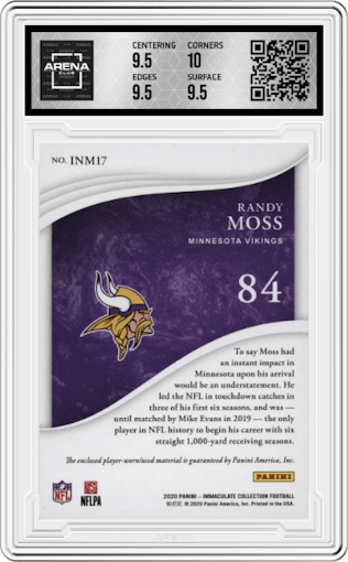 Randy Moss from the 2020 Panini Immaculate Collection set graded by Arena Club and given an overall grade of 10.