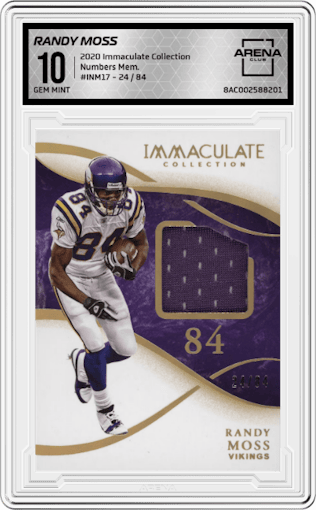 Randy Moss from the 2020 Panini Immaculate Collection set graded by Arena Club and given an overall grade of 10.