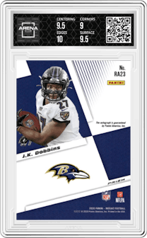 J.K. Dobbins from the 2020 Panini Mosaic set featuring a Choice Fusion Red parallel graded by Arena Club and given an overall grade of 9.5.
