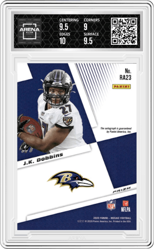 J.K. Dobbins from the 2020 Panini Mosaic set featuring a Choice Fusion Red parallel graded by Arena Club and given an overall grade of 9.5.