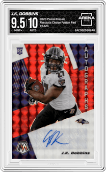 J.K. Dobbins from the 2020 Panini Mosaic set featuring a Choice Fusion Red parallel graded by Arena Club and given an overall grade of 9.5.