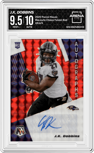J.K. Dobbins from the 2020 Panini Mosaic set featuring a Choice Fusion Red parallel graded by Arena Club and given an overall grade of 9.5.