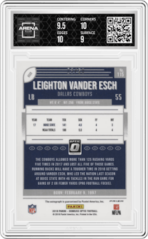 Leighton Vander Esch from the 2018 Panini Donruss Optic set featuring a Purple Stars FOTL parallel graded by Arena Club and given an overall grade of 9.5.