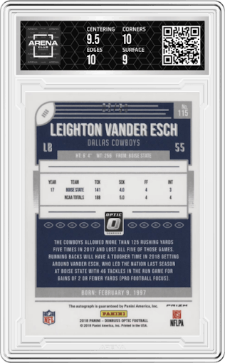 Leighton Vander Esch from the 2018 Panini Donruss Optic set featuring a Purple Stars FOTL parallel graded by Arena Club and given an overall grade of 9.5.
