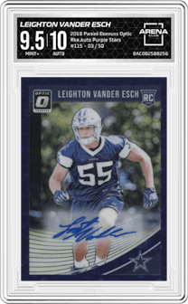 Leighton Vander Esch from the 2018 Panini Donruss Optic set featuring a Purple Stars FOTL parallel graded by Arena Club and given an overall grade of 9.5.