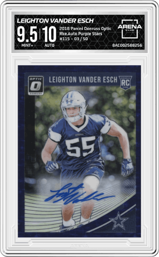 Leighton Vander Esch from the 2018 Panini Donruss Optic set featuring a Purple Stars FOTL parallel graded by Arena Club and given an overall grade of 9.5.