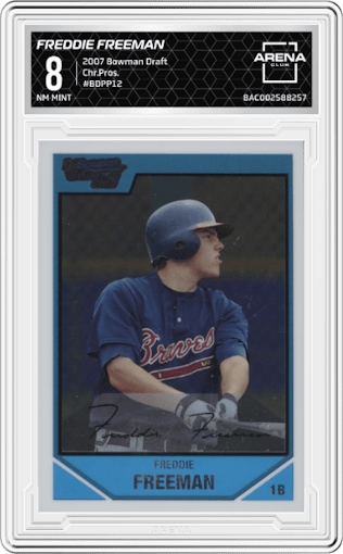 Freddie Freeman from the 2007 Bowman Draft Picks & Prospects set graded by Arena Club and given an overall grade of 8.