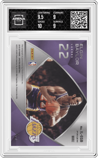 Elgin Baylor from the 2019-20 Panini Spectra set featuring a Marble parallel graded by Arena Club and given an overall grade of 9.5.