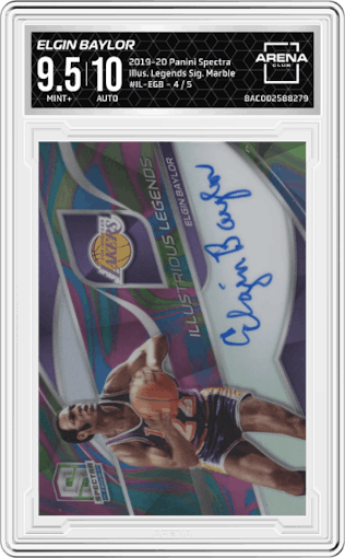 Elgin Baylor from the 2019-20 Panini Spectra set featuring a Marble parallel graded by Arena Club and given an overall grade of 9.5.