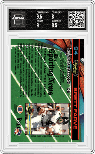 Brett Favre from the 1991 Topps Stadium Club set featuring a Uncorrected Error (mispelled last name) parallel graded by Arena Club and given an overall grade of 8.5.