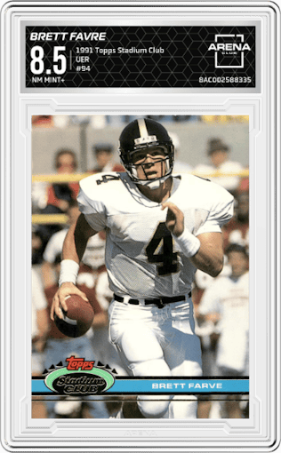 Brett Favre from the 1991 Topps Stadium Club set featuring a Uncorrected Error (mispelled last name) parallel graded by Arena Club and given an overall grade of 8.5.