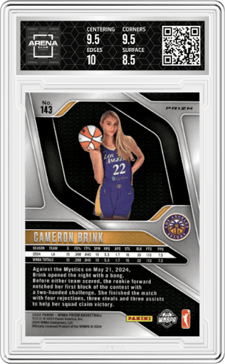 Cameron Brink from the 2024 Panini Prizm WNBA set featuring a Green Prizm parallel graded by Arena Club and given an overall grade of 9.