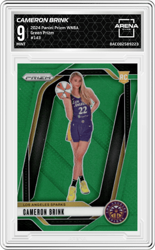 Cameron Brink from the 2024 Panini Prizm WNBA set featuring a Green Prizm parallel graded by Arena Club and given an overall grade of 9.