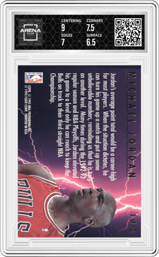 Michael Jordan from the 1993-94 Fleer Ultra set graded by Arena Club and given an overall grade of 7.
