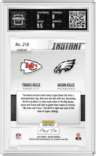 Travis Kelce/Jason Kelce from the 2023 Panini Instant NFL set featuring a Black parallel graded by Arena Club and given an overall grade of 9.