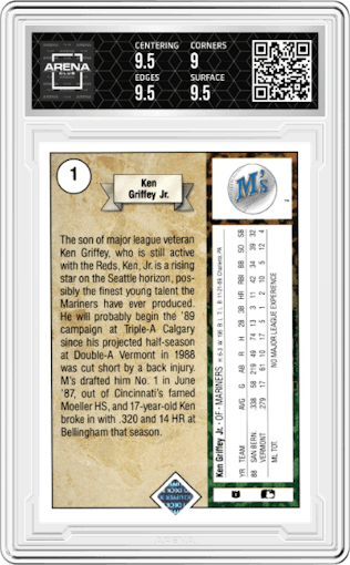 Ken Griffey Jr. from the 1989 Upper Deck set graded by Arena Club and given an overall grade of 9.5.
