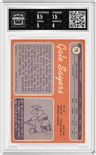 Gale Sayers from the 1970 Topps set graded by Arena Club and given an overall grade of 2.