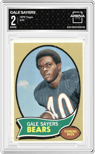 Gale Sayers from the 1970 Topps set graded by Arena Club and given an overall grade of 2.
