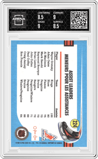 Wayne Gretzky from the 1991-92 O-Pee-Chee set graded by Arena Club and given an overall grade of 9.