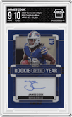 James Cook from the 2022 Panini Contenders Optic set featuring a Blue parallel graded by Arena Club and given an overall grade of 9.