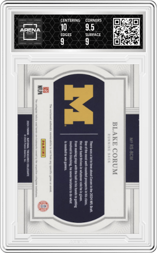 Blake Corum from the 2024 Panini National Treasures Collegiate set featuring a Blue parallel graded by Arena Club and given an overall grade of 9.5.