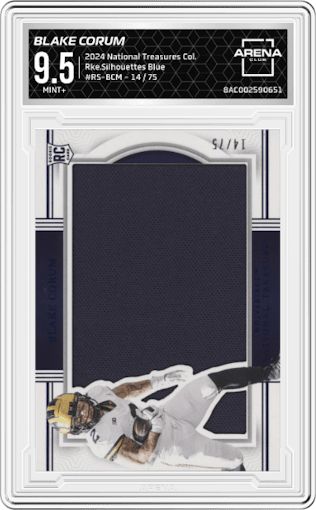 Blake Corum from the 2024 Panini National Treasures Collegiate set featuring a Blue parallel graded by Arena Club and given an overall grade of 9.5.
