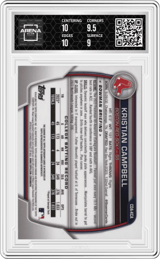 Kristian Campbell from the 2023 Bowman Draft set graded by Arena Club and given an overall grade of 9.5.
