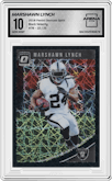 Marshawn Lynch from the 2018 Panini Donruss Optic set featuring a Black Velocity parallel graded by Arena Club and given an overall grade of 10.