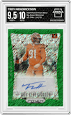Trey Hendrickson from the 2024 Panini Prizm Deca set featuring a FOTL Green Shimmer Prizm  parallel graded by Arena Club and given an overall grade of 9.5.