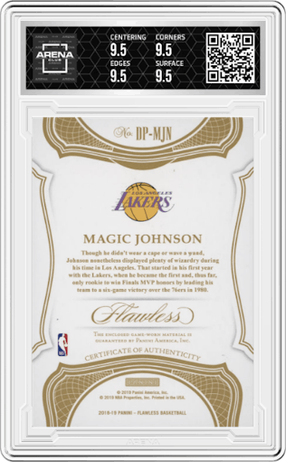 Magic Johnson from the 2018-19 Panini Flawless set graded by Arena Club and given an overall grade of 9.5.