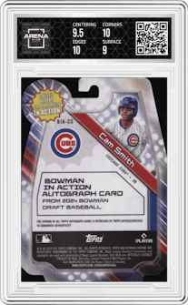 Cam Smith from the 2024 Bowman Draft set featuring a Lava Refractor parallel graded by Arena Club and given an overall grade of 9.5.
