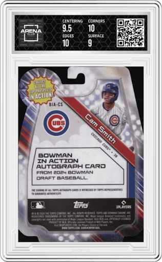 Cam Smith from the 2024 Bowman Draft set featuring a Lava Refractor parallel graded by Arena Club and given an overall grade of 9.5.