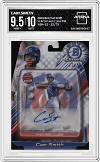 Cam Smith from the 2024 Bowman Draft set featuring a Lava Refractor parallel graded by Arena Club and given an overall grade of 9.5.