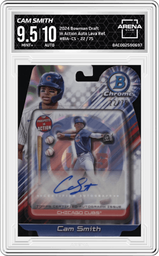 Cam Smith from the 2024 Bowman Draft set featuring a Lava Refractor parallel graded by Arena Club and given an overall grade of 9.5.