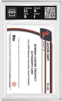 Jaxson Dart from the 2024 Bowman University Chrome set featuring a Yellow Refractor parallel and given an overall grade of 8.5.