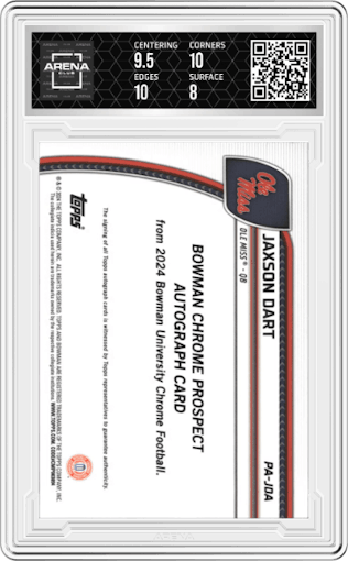 Jaxson Dart from the 2024 Bowman University Chrome set featuring a Yellow Refractor parallel graded by Arena Club and given an overall grade of 8.5.