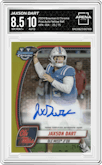 Jaxson Dart from the 2024 Bowman University Chrome set featuring a Yellow Refractor parallel graded by Arena Club and given an overall grade of 8.5.