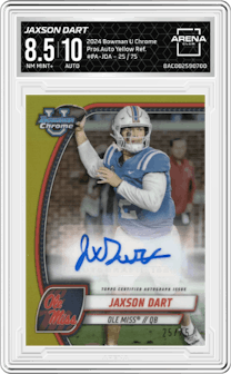 Jaxson Dart from the 2024 Bowman University Chrome set featuring a Yellow Refractor parallel and given an overall grade of 8.5.