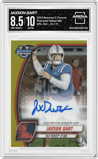 Jaxson Dart from the 2024 Bowman University Chrome set featuring a Yellow Refractor parallel graded by Arena Club and given an overall grade of 8.5.