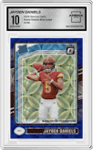 Jayden Daniels from the 2024 Donruss Optic set featuring a Blue Scope parallel graded by Arena Club and given an overall grade of 10.