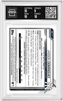 Jasson Dominguez from the 2021 Bowman Draft set graded by Arena Club and given an overall grade of 9.5.