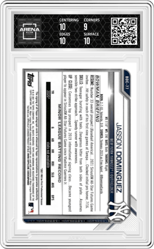 Jasson Dominguez from the 2021 Bowman Draft set graded by Arena Club and given an overall grade of 9.5.