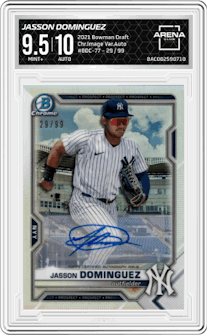 Jasson Dominguez from the 2021 Bowman Draft set graded by Arena Club and given an overall grade of 9.5.