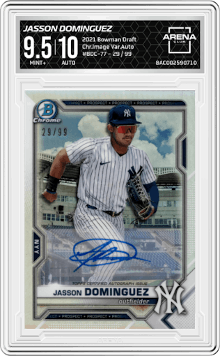 Jasson Dominguez from the 2021 Bowman Draft set graded by Arena Club and given an overall grade of 9.5.