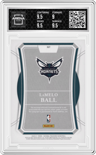 LaMelo Ball from the 2020-21 Panini National Treasures set graded by Arena Club and given an overall grade of 9.5.