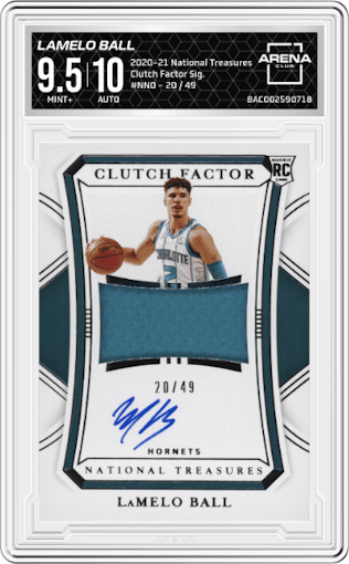 LaMelo Ball from the 2020-21 Panini National Treasures set graded by Arena Club and given an overall grade of 9.5.