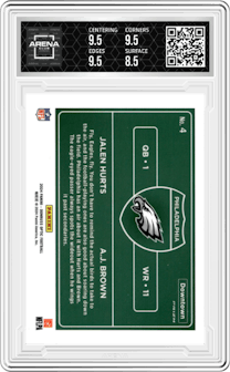 Jalen Hurts/A.J. Brown from the 2024 Donruss Optic set graded by Arena Club and given an overall grade of 9.