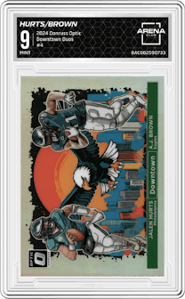 Jalen Hurts/A.J. Brown from the 2024 Donruss Optic set graded by Arena Club and given an overall grade of 9.