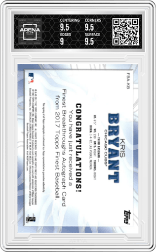 Kris Bryant from the 2017 Topps Finest set featuring a Red Refractor parallel graded by Arena Club and given an overall grade of 9.5.